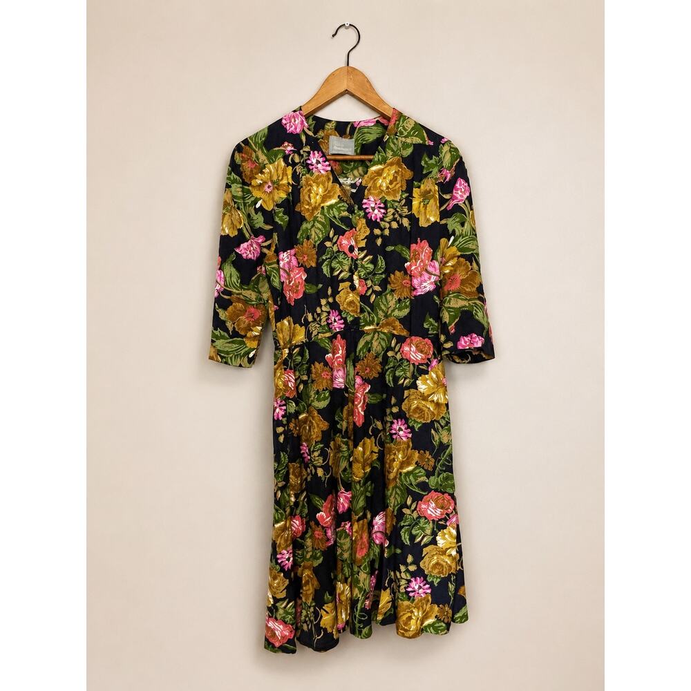VTG Carol Anderson Floral Dress Black Midi Sz 12 Cottagecore Prairie Romantic - Picture 2 of 5